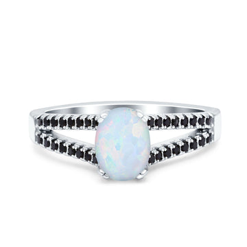 Split Shank Halo Oval Wedding Ring Black Lab Created White Opal 925 Sterling Silver